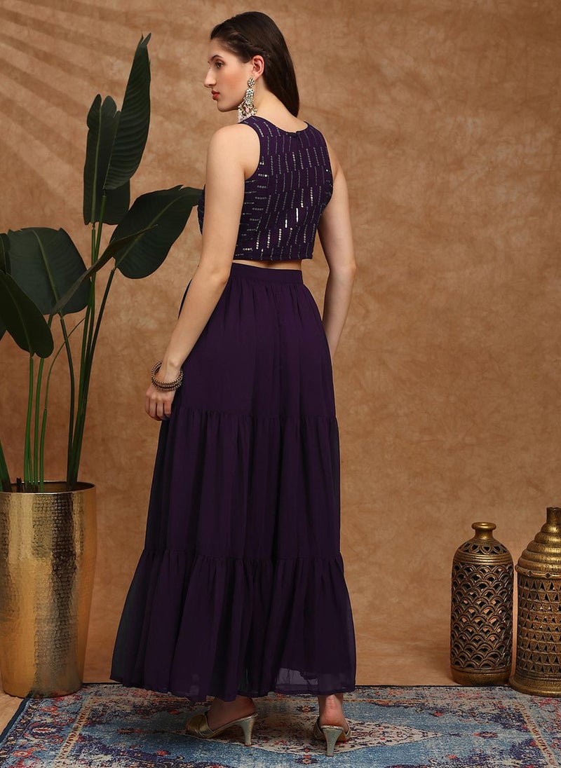 Globus Women Purple Sequinned Embroidered Halter Neck Sleeveless Georgette Crop Top & Tiered Skirt Fusion Co-Ord Set - Image 4